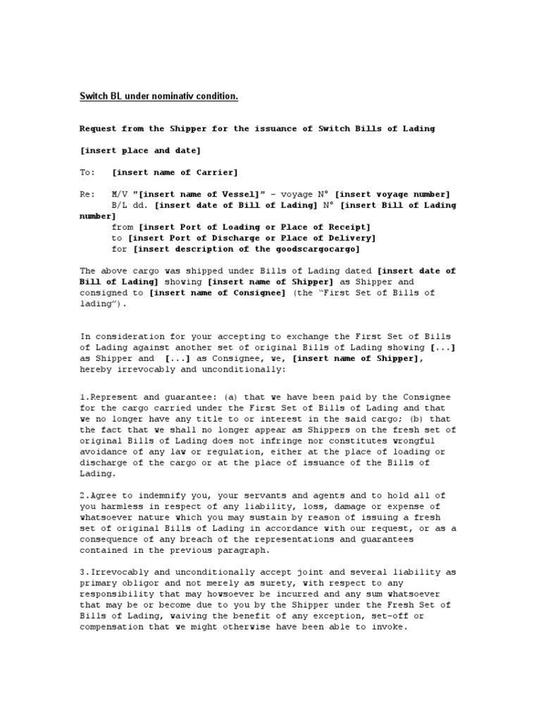 Switch BL Under Nominativ Condition PDF Bill Of Lading Cargo