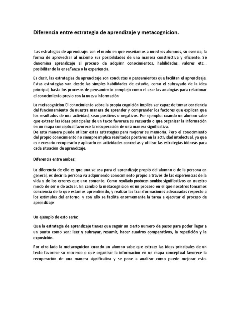 Estrategias vs Metacognición en Aprendizaje | PDF | Teoria de la mente ...