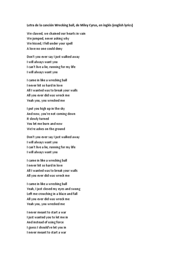 Letra De La Cancion Wrecking Ball Pop Songs Songs