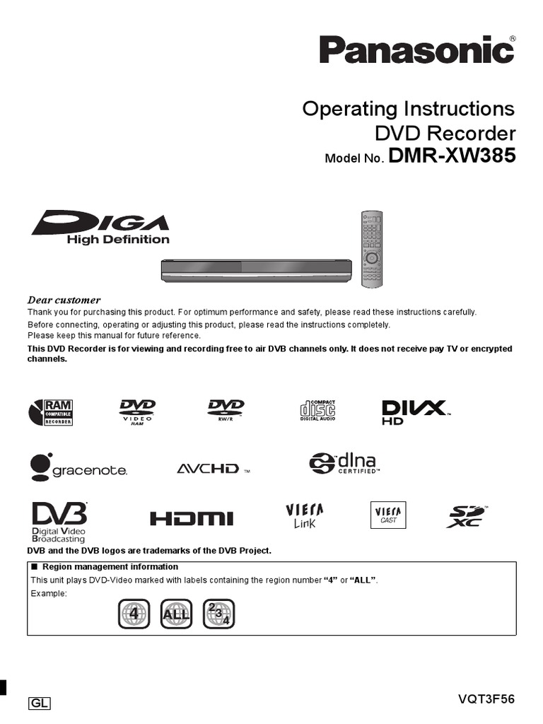 Panasonic DMR-XW385 User Manual | PDF | Secure Digital | Hdmi