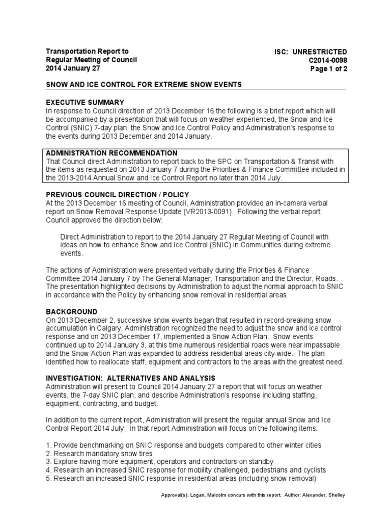 Transportation Report - Snow and Ice Control For Extreme Snow Events ...