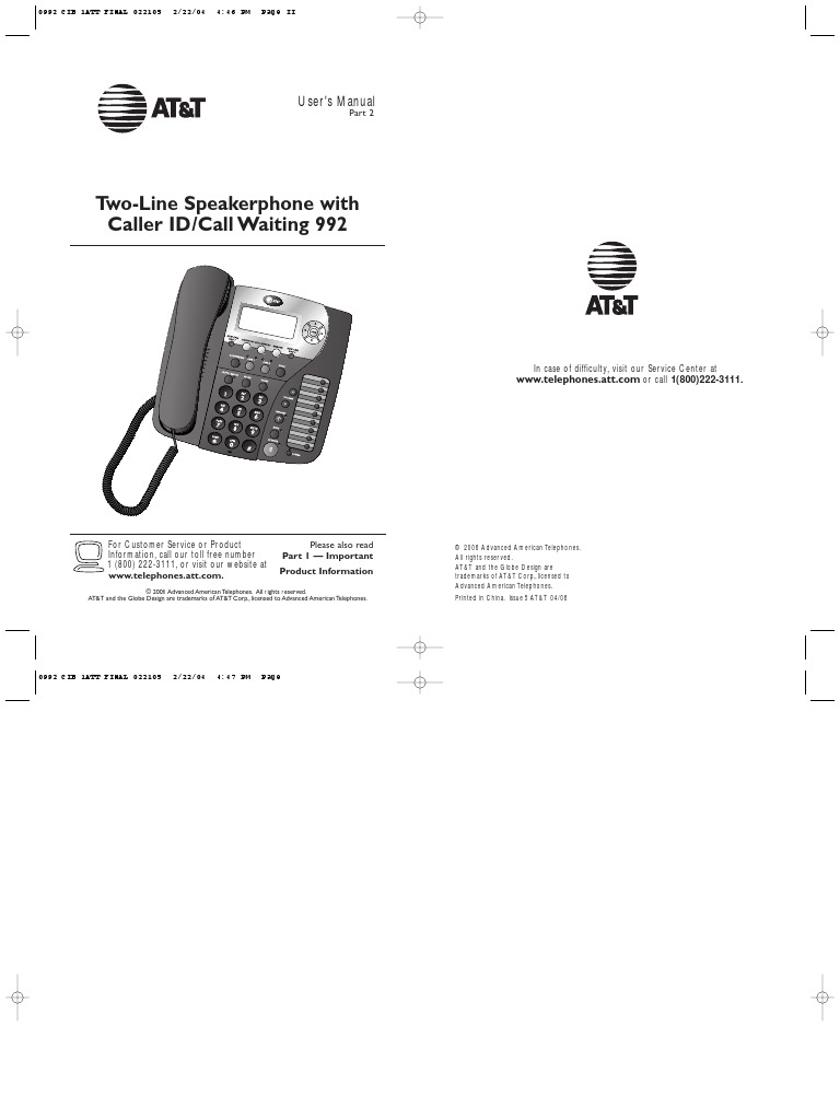 TwoLine Speakerphone with Caller ID/Call Waiting 992 User's Manual