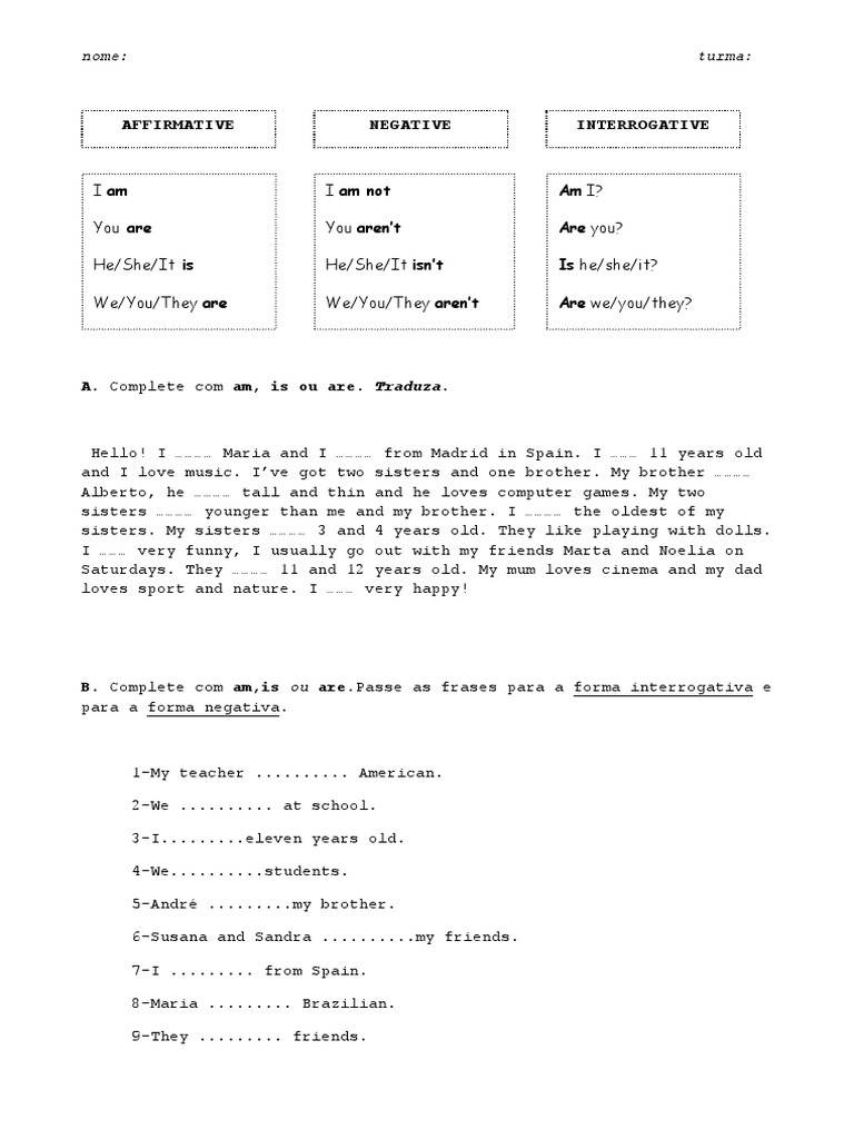 Affirmative Negative Interrogative: Am I? Are You? Is He/she/it? Are We ...