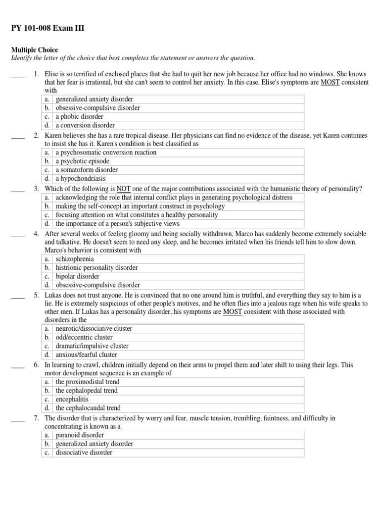 ExamPsychological DisordersAP Psych PDF Psychotherapy Clinical