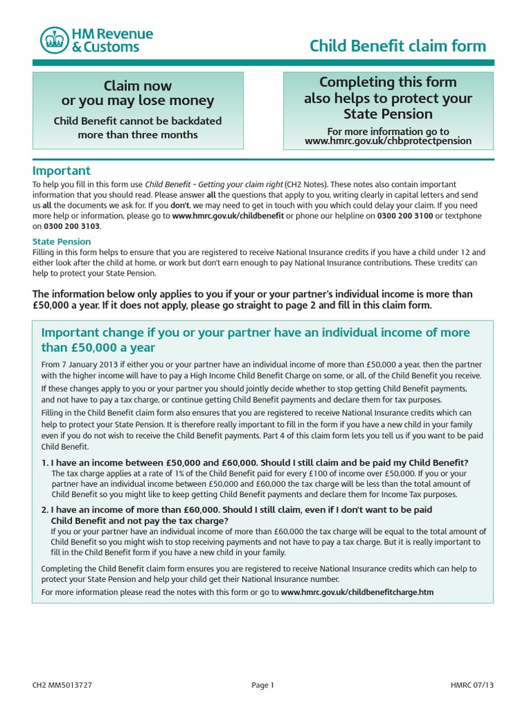CH2 Child Benefit Claim Form Taxes Social Institutions