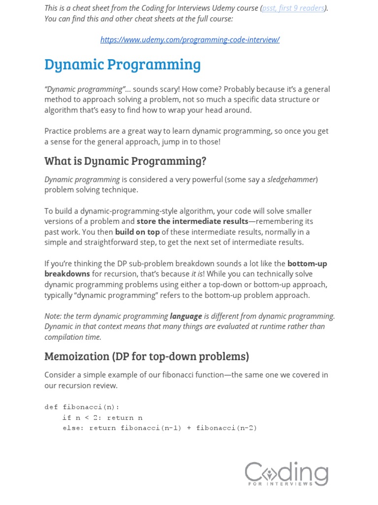 Coding For Interviews Dynamic Programming Cheat Sheet | Download Free ...