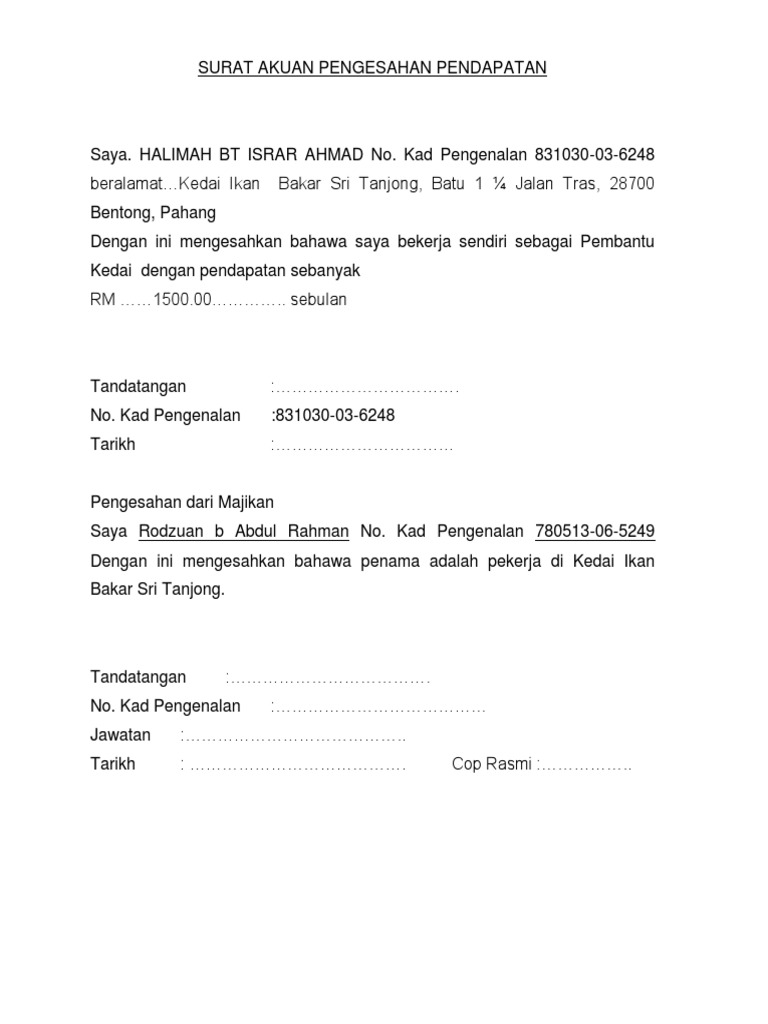 Surat Rasmi Pengesahan Pendapatan