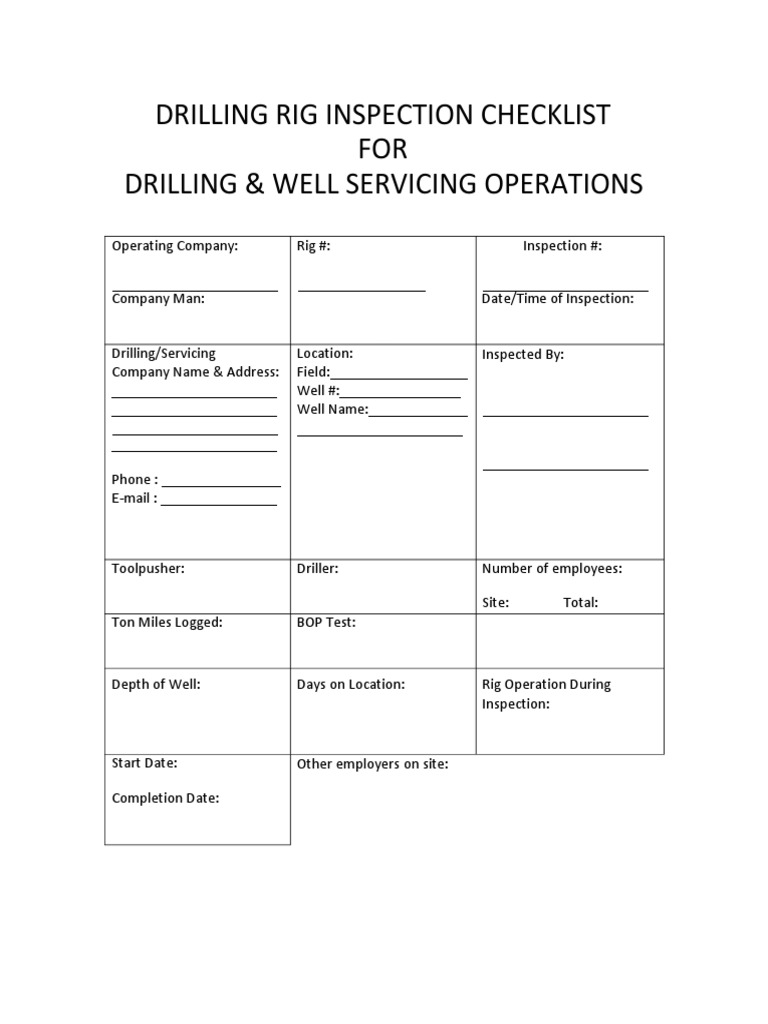 Drilling Rig Checklist Rev1 Personal Protective Equipment Drilling Rig