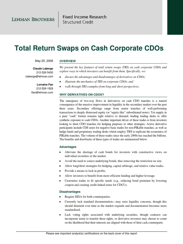 Total Return Swaps on Corp CDOs Collateralized Debt Obligation Bonds (Finance)