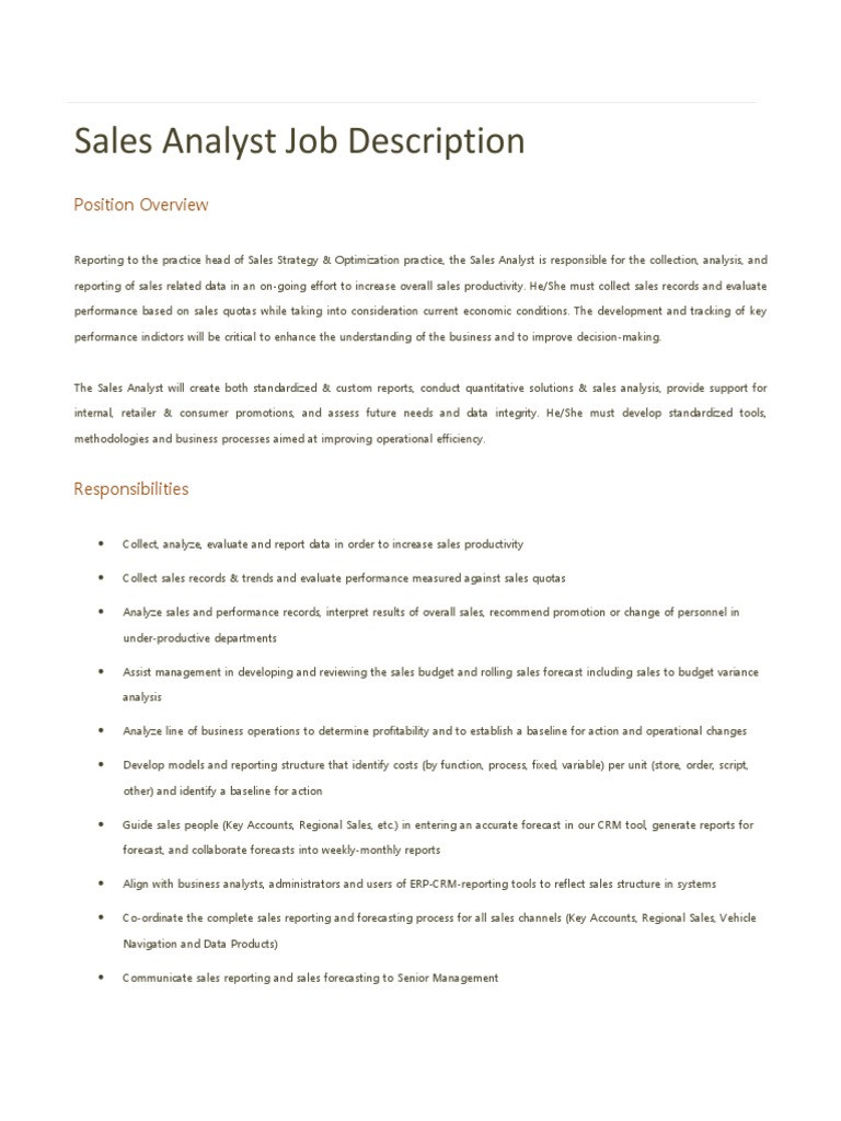 Sales Analyst Job Description PDF Sales Forecasting