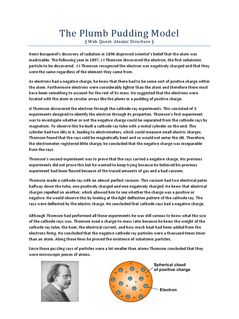 J.J. Thomson's Plum Pudding Model Explained | PDF | Electron | Electric ...