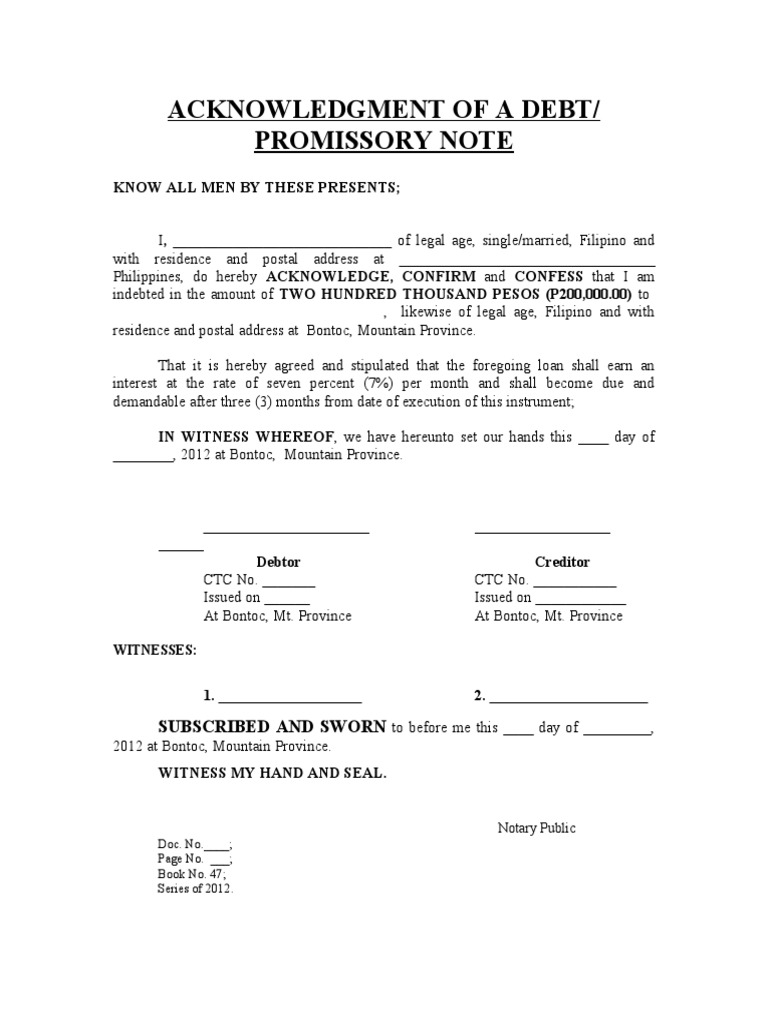Acknowledgement of Debt PROMISSORY NOTE PDF