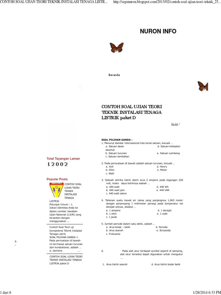 CONTOH SOAL  UJIAN  TEORI  TEKNIK INSTALASI TENAGA LISTRIK 