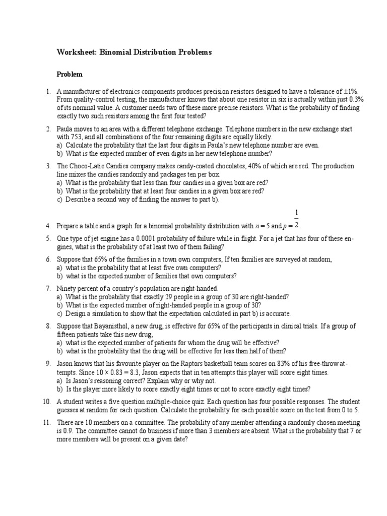 Worksheets Binomial Probability Worksheet worksheet binomial distribution problems probability and statistics