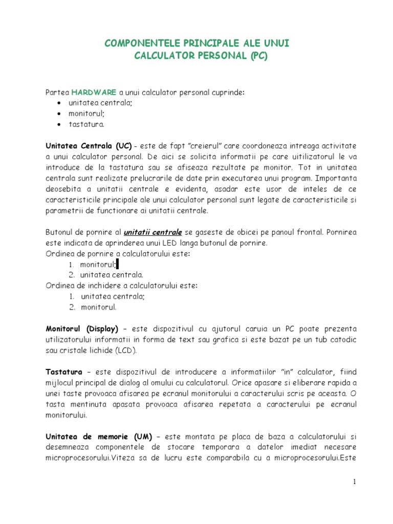 Componentele Principale Ale Unui Calculator Personal | PDF