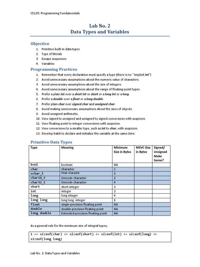 CS125 - Lab 02 - Data Types and Variables | PDF | Data Type | Integer ...