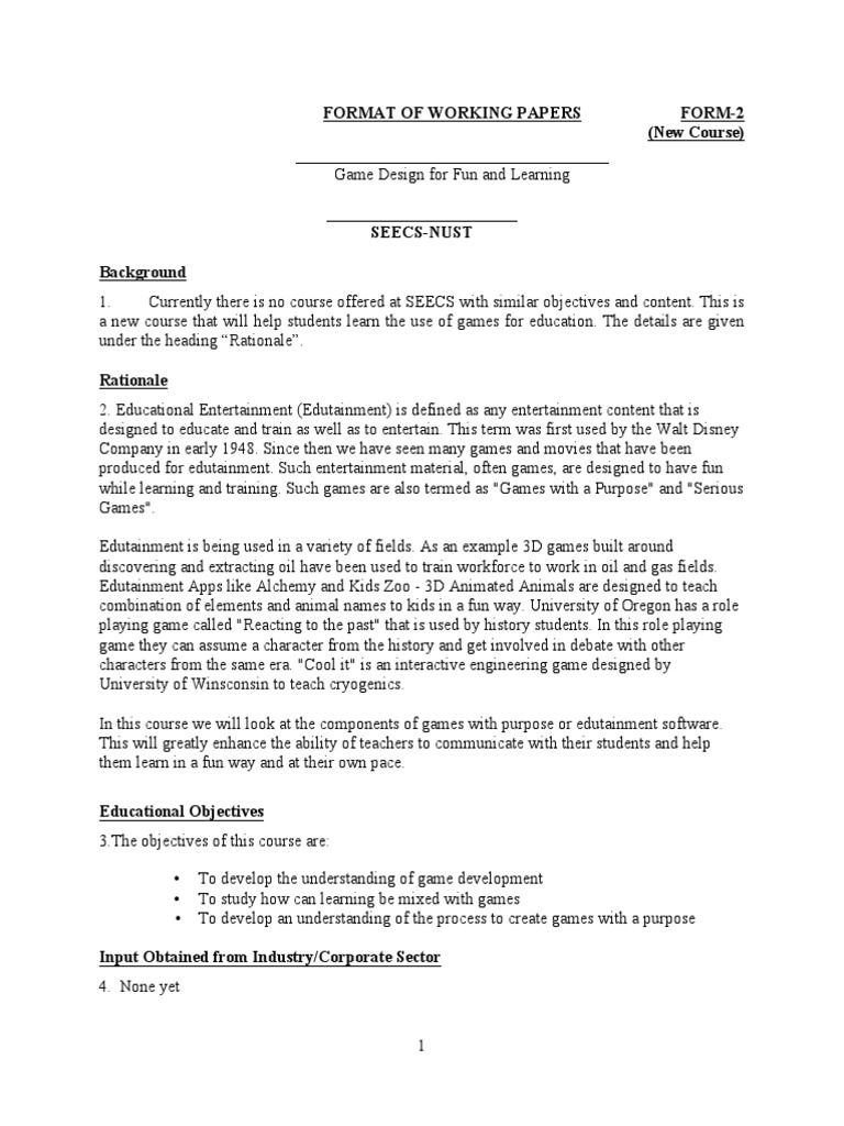 Format Of Working Papers FORM2 (New Course) Game Design Design