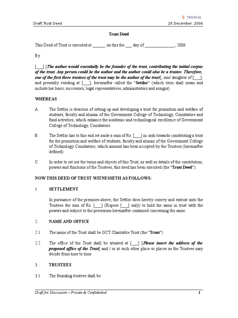 GCT Charitable Trust Draft Deed | PDF | Trust Law | Trustee