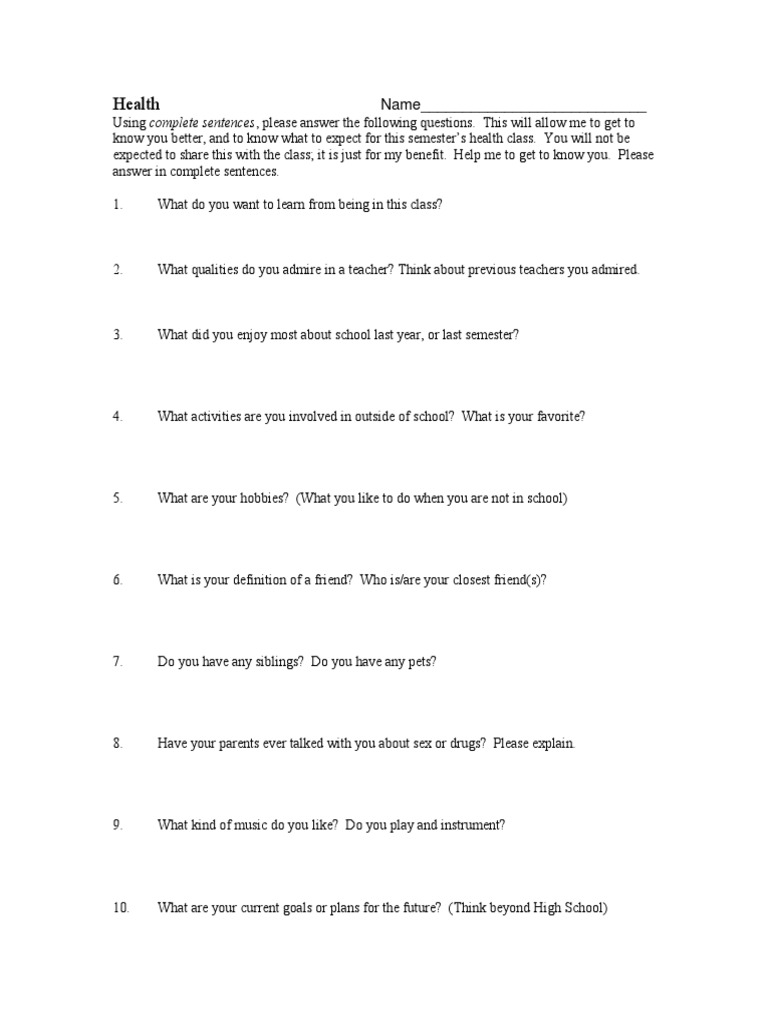 Health Class Student Questionnaire | PDF
