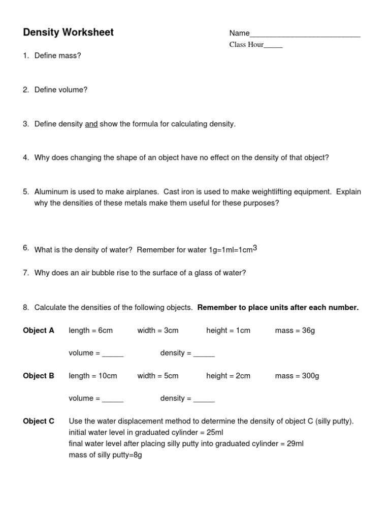 Density Worksheet