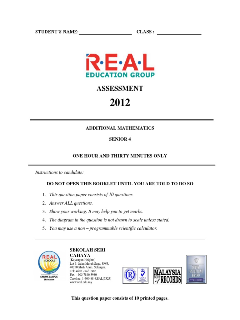 Assestment Form 4 2012 | PDF | Cartesian Coordinate System | Elementary ...