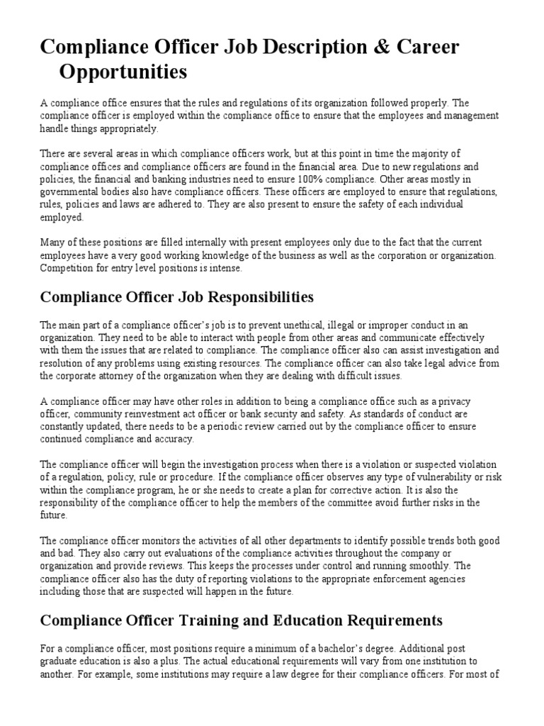 Compliance Officer Job Description | PDF | Regulatory Compliance ...