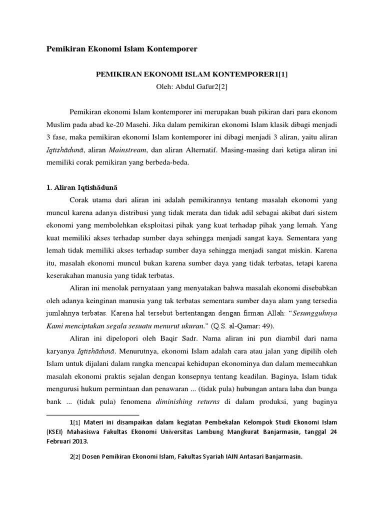 Pemikiran Ekonomi Islam Kontemporer