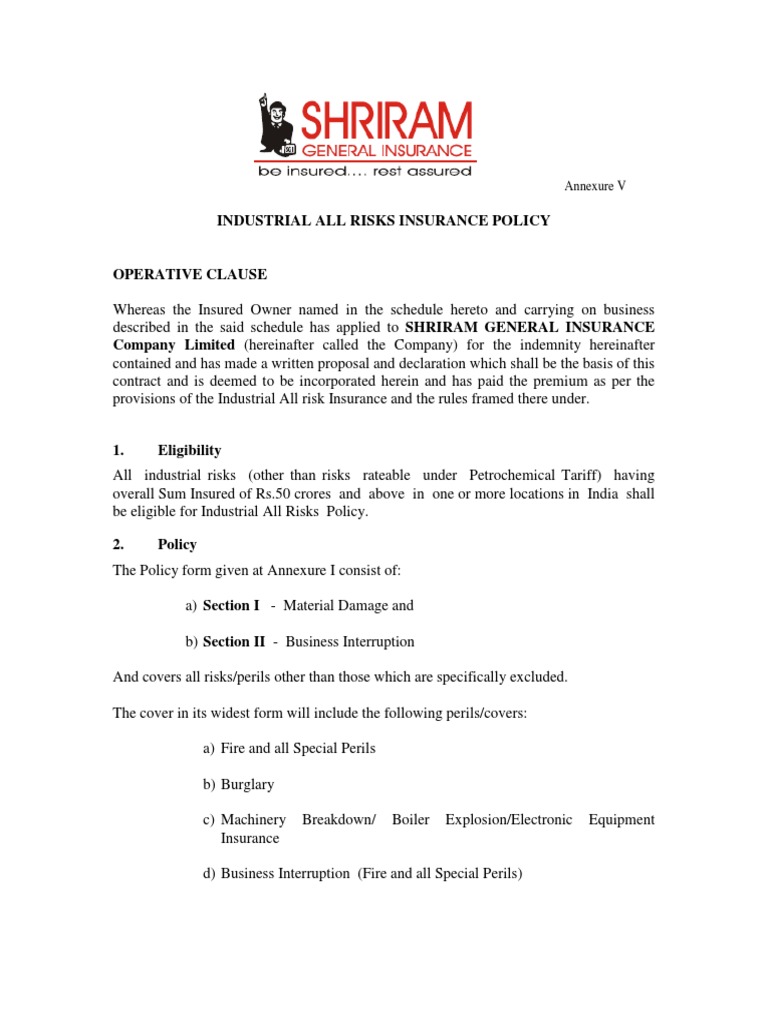Industrial All Risks Insurance Policy Annexure V Deductible Insurance