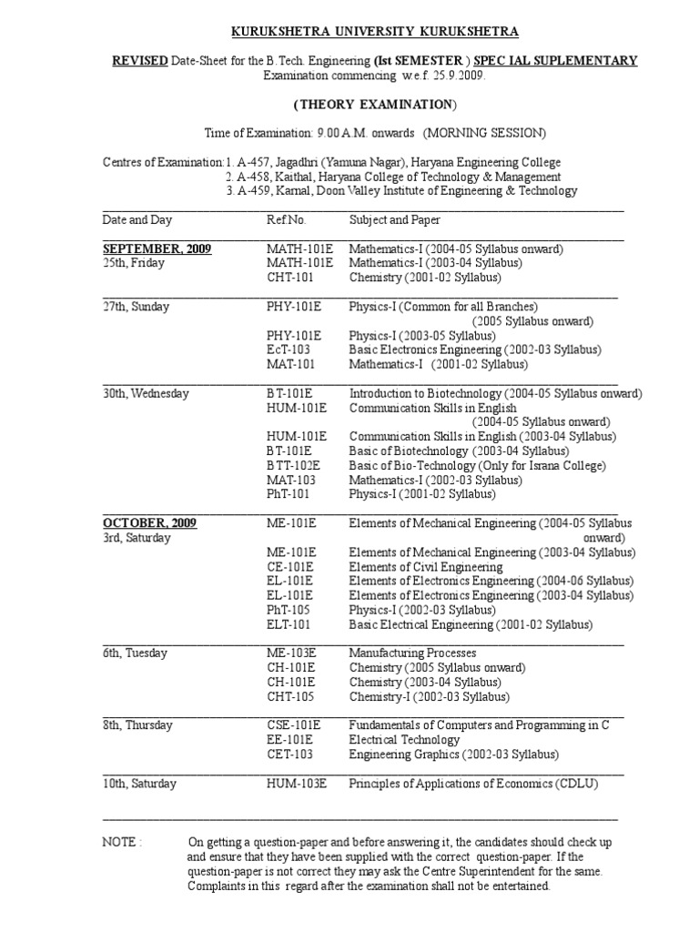 Kurukshetra University Kurukshetra Revised DateSheet For The B.tech