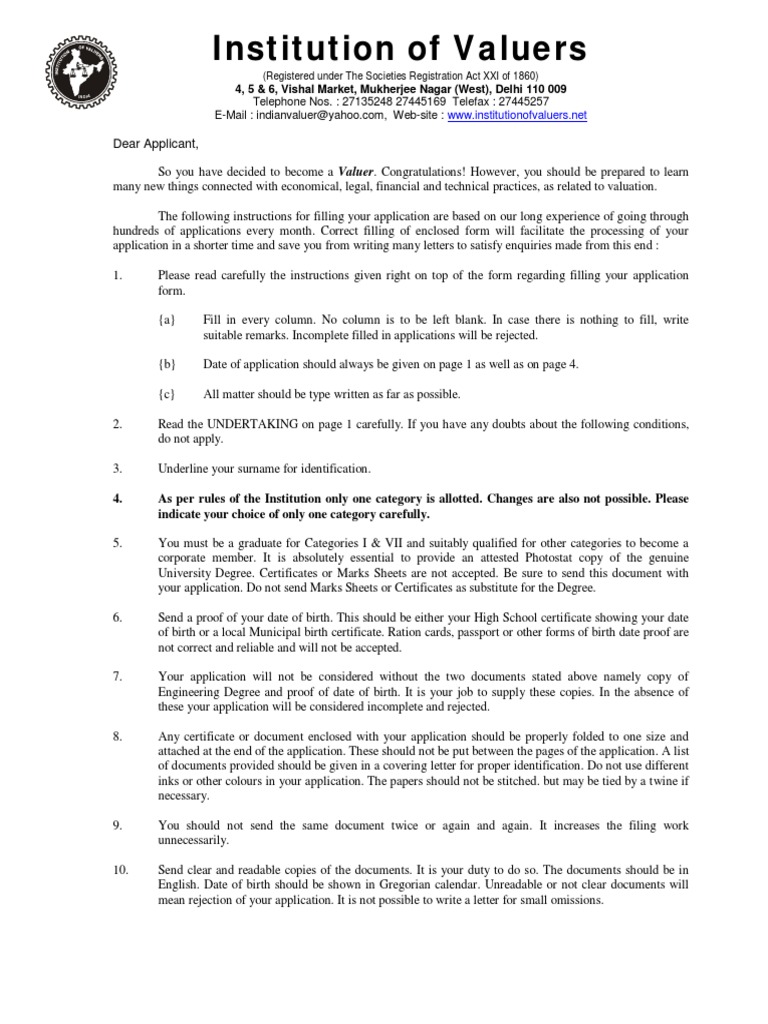 Institution of Valuers (Applicationform) | PDF | Real Estate Appraisal ...