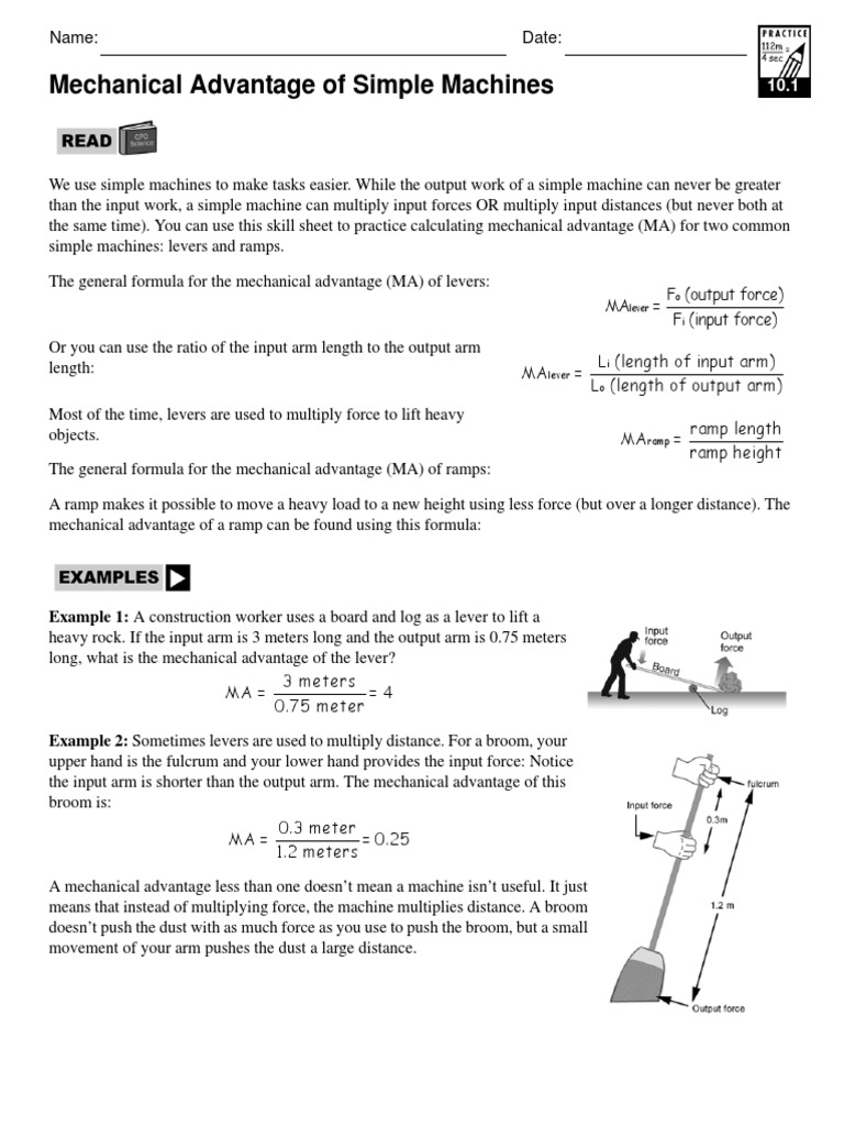 worksheet Calculating Mechanical Advantage Worksheet With Answers 10 1 mechadvsimpmach lever machines