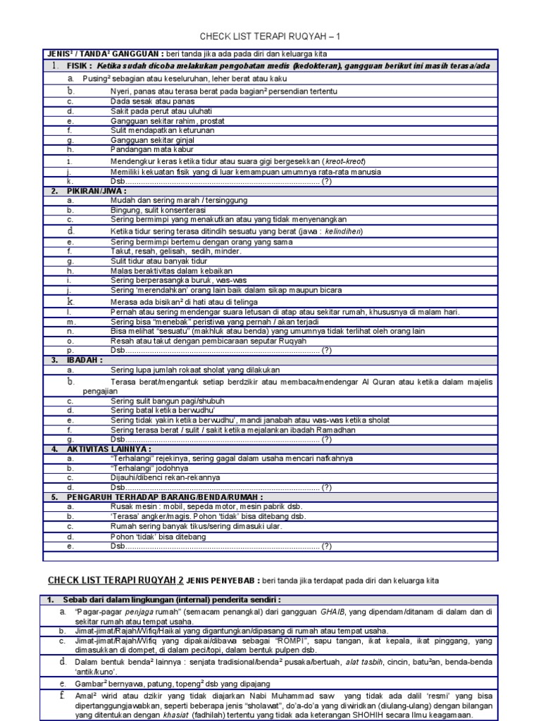 Check List Terapi Ruqyah 21 | PDF