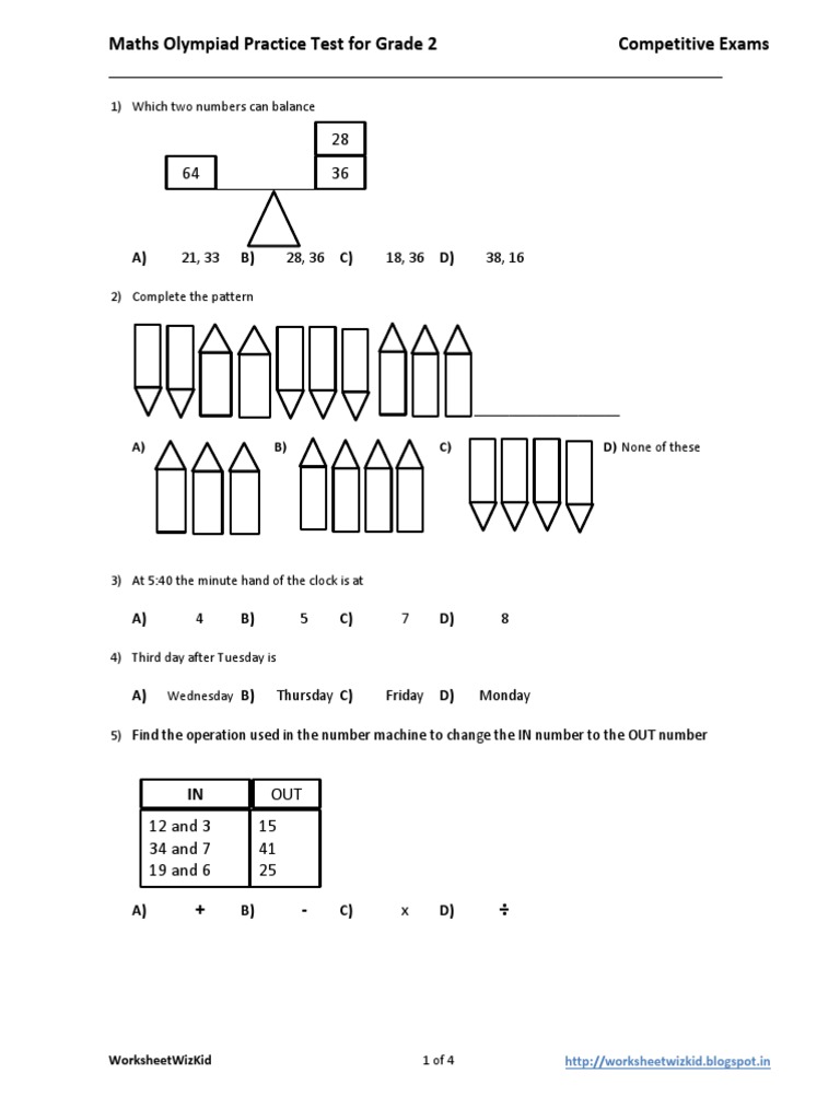 Maths Olympiad Practice Test For Grade 2 Competitive Exams: A) B) C) D ...