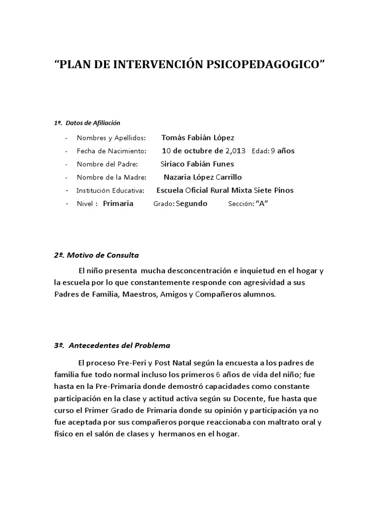 Plan de Intervencion Psicopedagogico | PDF