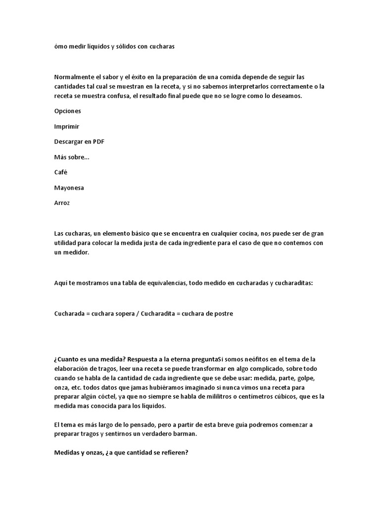 A Cuanto Equivale Una Onza En Mililitros Wikipedia Ómo Medir Líquidos y Sólidos Con Cucharas | PDF | Helado | Bebida