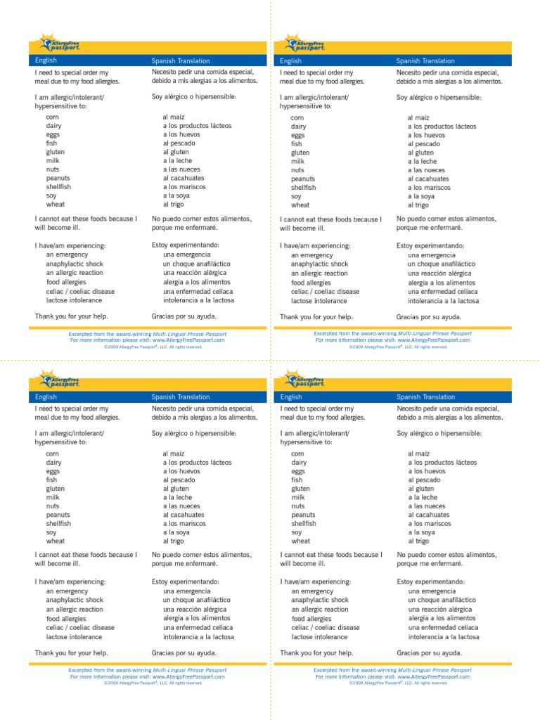 Allergy Free Spain with Spanish language dining card for food allergies