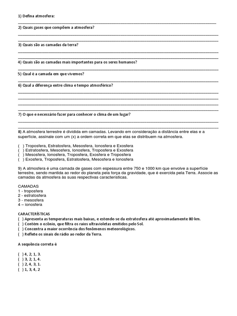Exercicios De Ciencias 6 Ano Sobre Atmosfera Com Gabarito