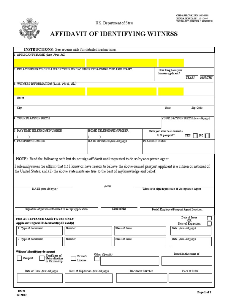 Affidavit of Identifying Witness: INSTRUCTIONS: See Reverse Side For ...