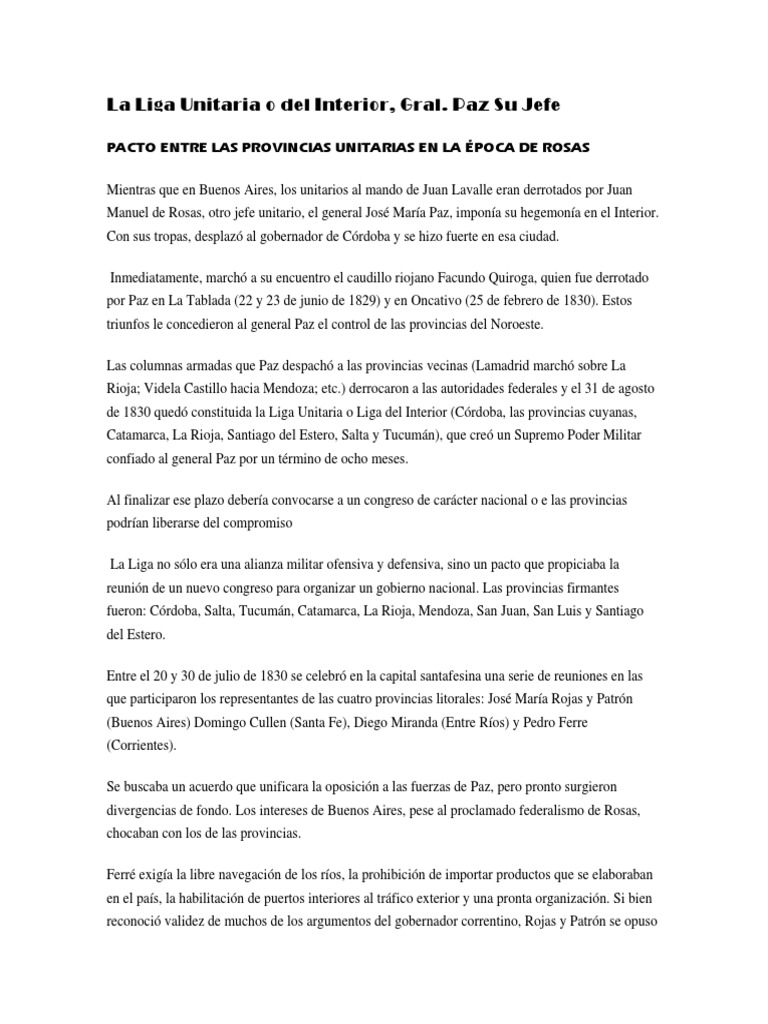 La Liga Unitaria o Del Interior PDF Guerra America latina