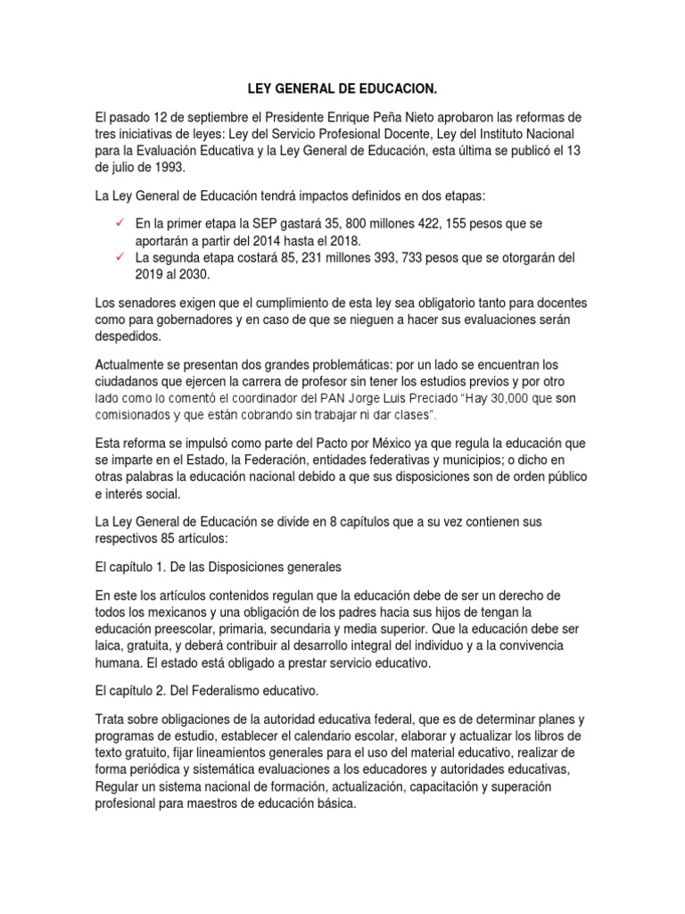 Ley General de Educación en México | PDF | Educación Secundaria ...