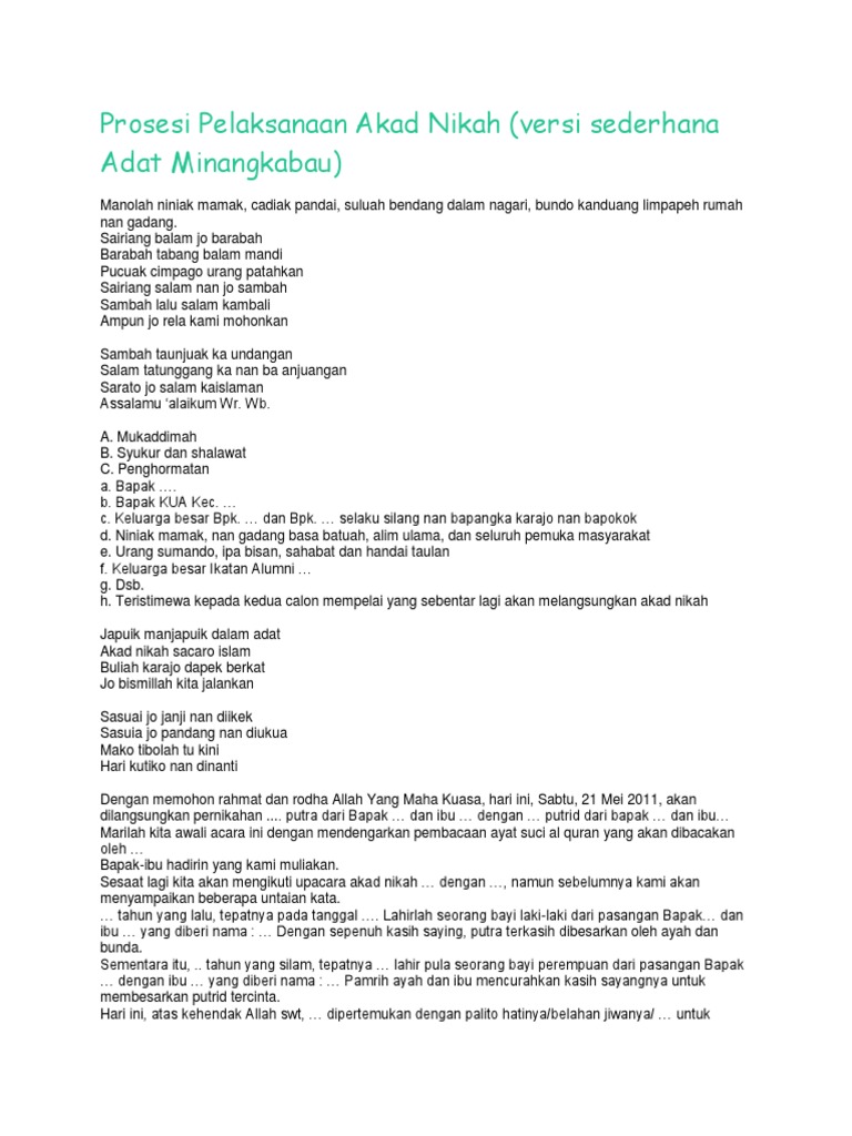 Teks Mc Prosesi Pelaksanaan Akad Nikah Minangkabau