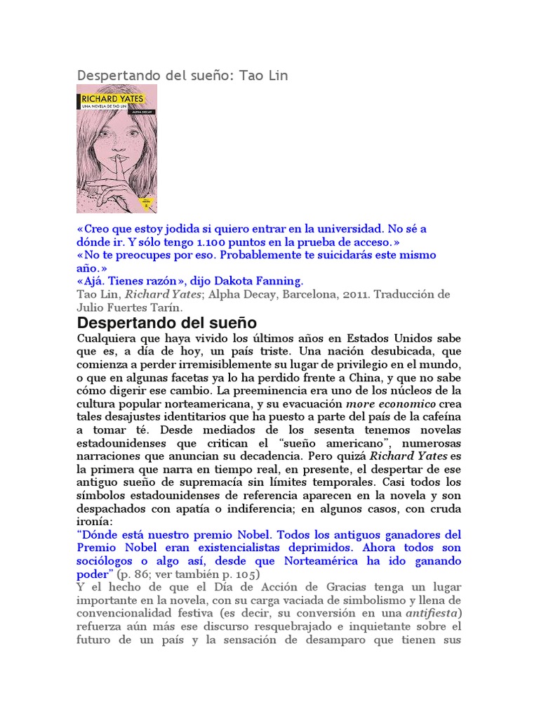 Vicente Luis Mora Sobre Richard Yates de Tao Lin PDF Samuel Beckett