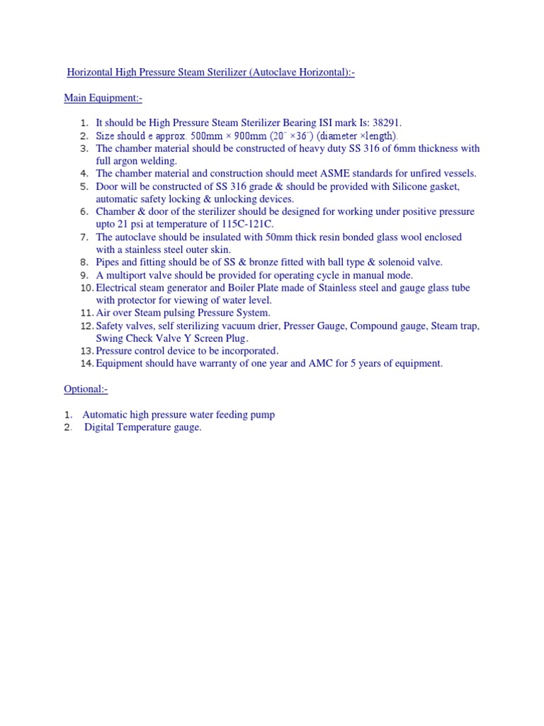 Horizontal Autoclave Sterilizers Specifications PDF Valve Gas