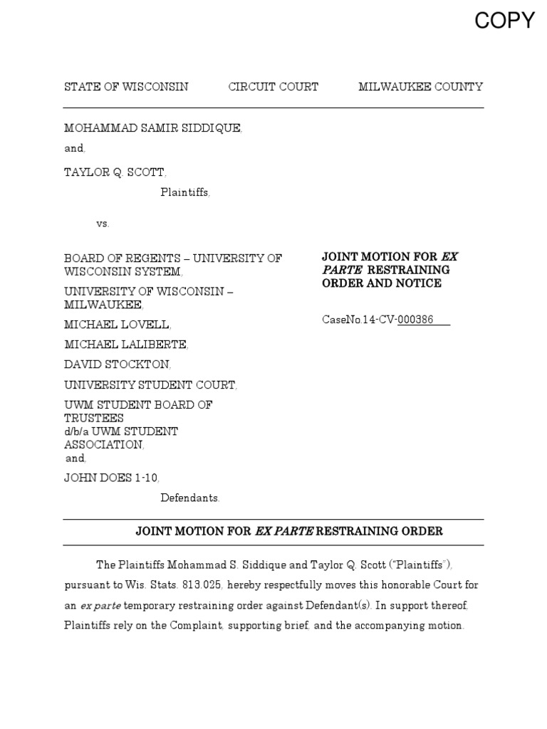 Joint Motion for Ex Parte Restraining Order and Notice United States