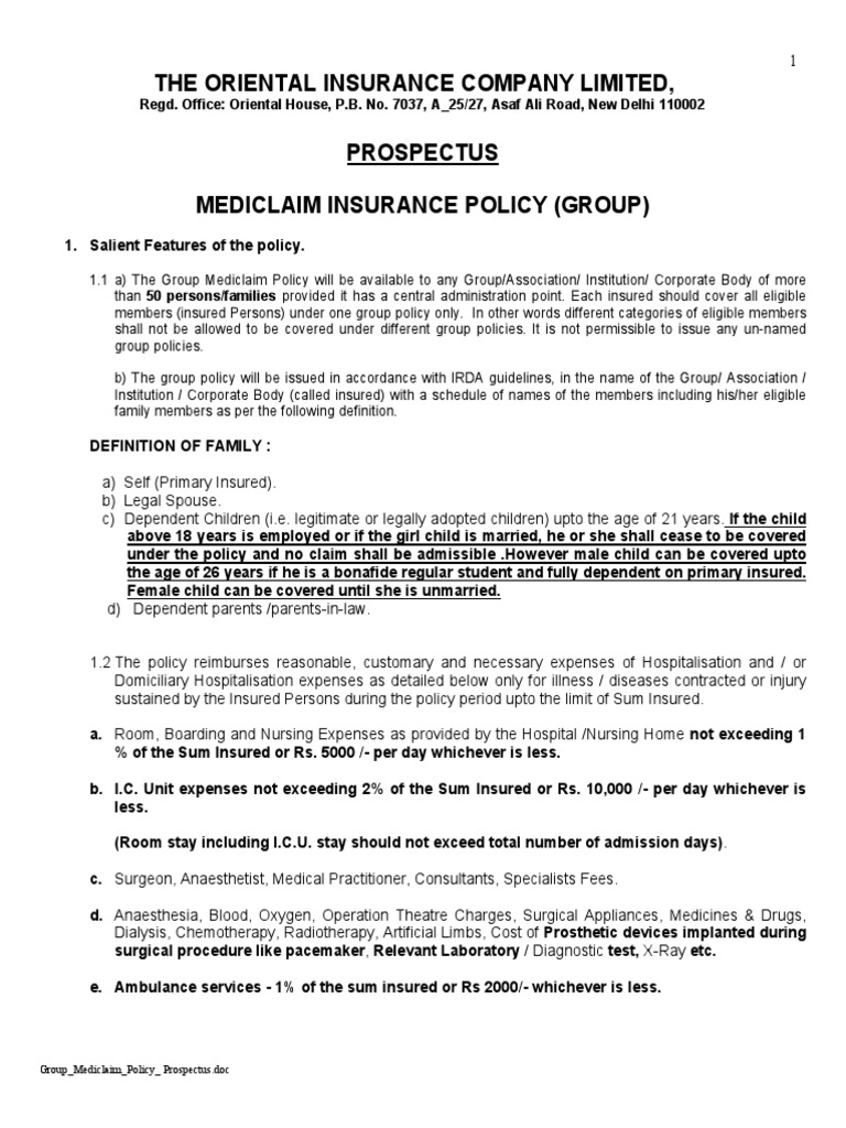 Group Mediclaim Policy Prospectus | PDF