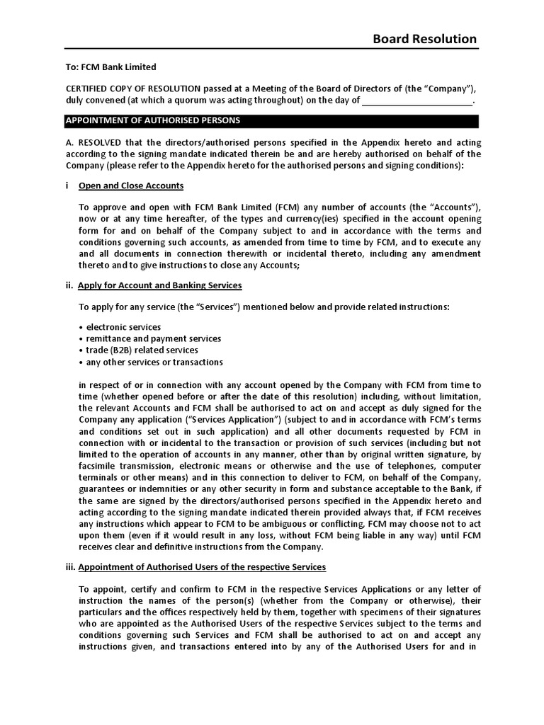 Board Resolution for Banking Authority | PDF | Negotiable Instrument ...