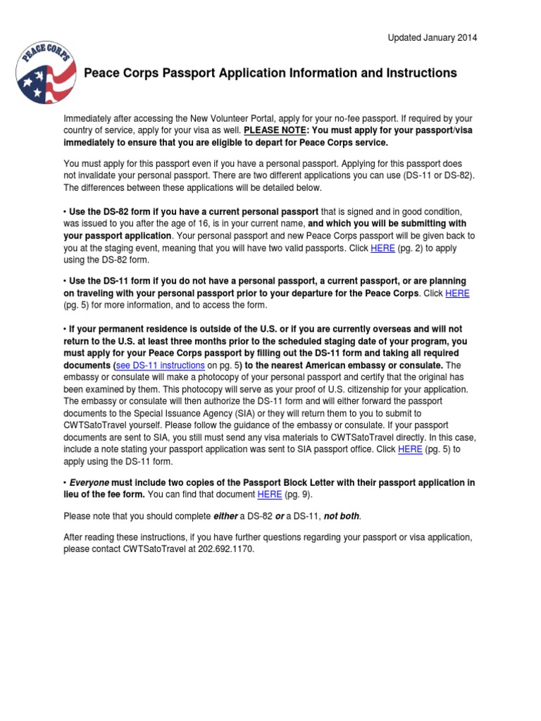 Peace Corps Passport Instructions and Application Information 2014 DS