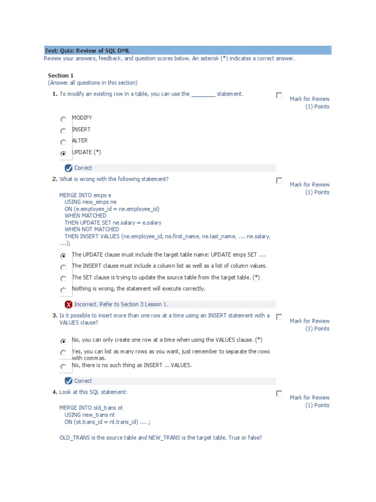 SQL DML & PL/SQL Quiz Review | PDF | Sql | Pl/Sql