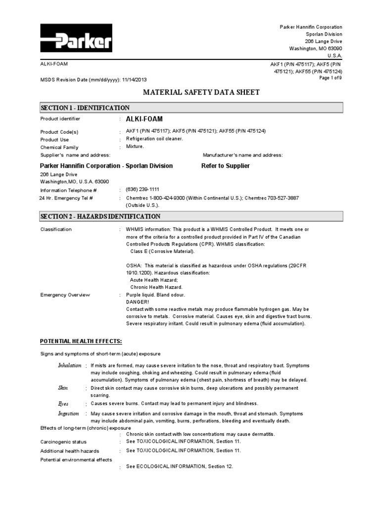Material Safety Data Sheet for AlkiFoam Refrigeration Coil Cleaner
