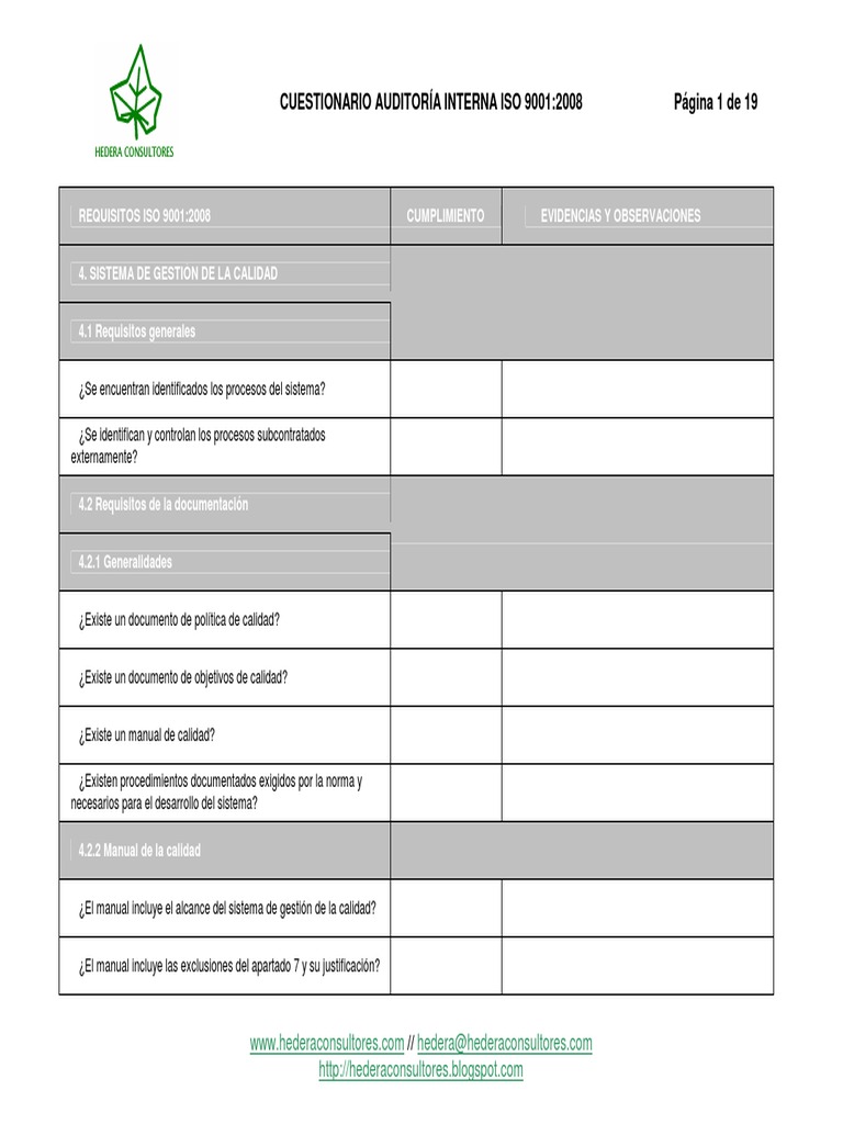 Check List Cuestionario Auditoria Iso 9001 2008 | PDF | Sistema de ...